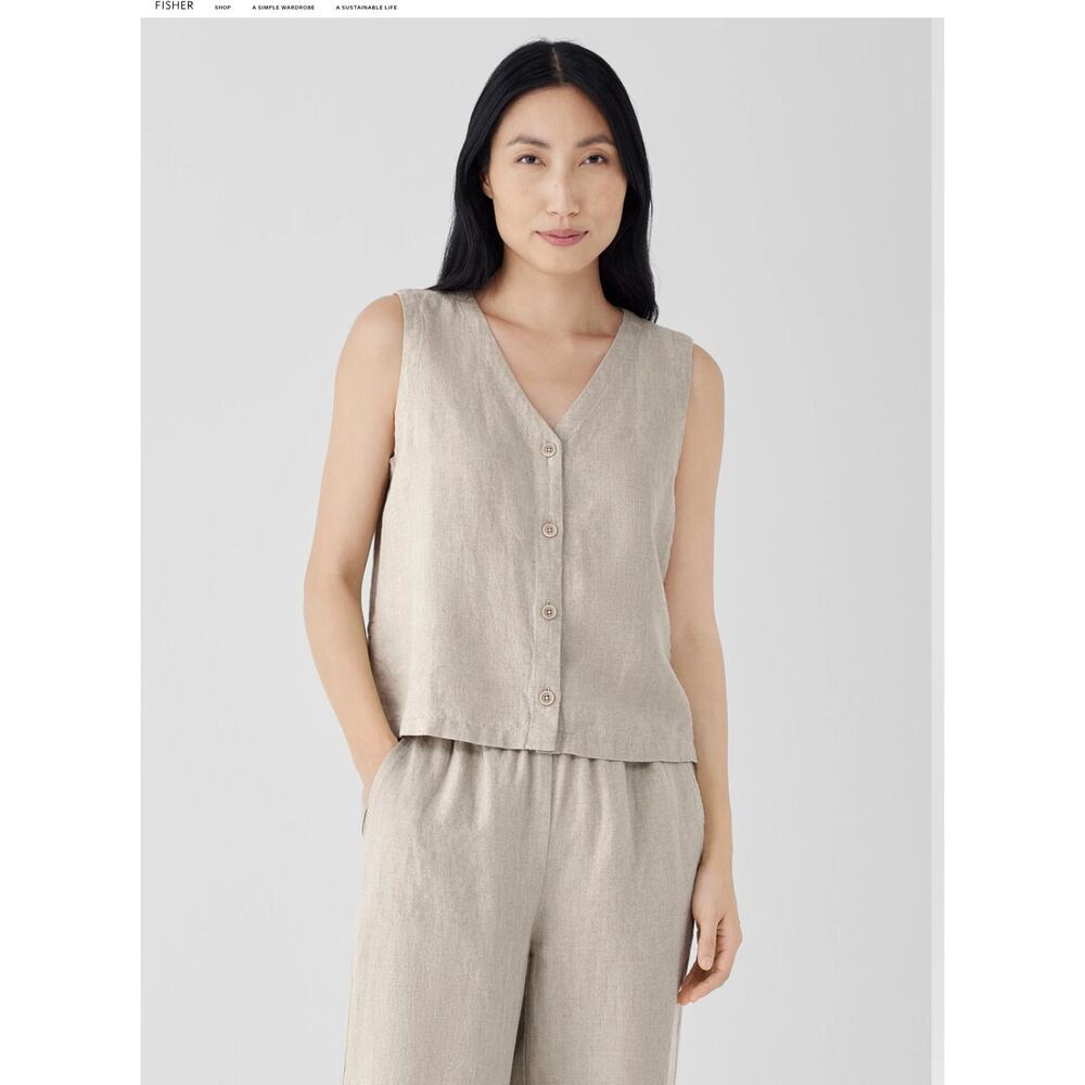 Eileen Fisher Organic Linen Button Front Vest Tank Natural Size Medium - Picture 7 of 8